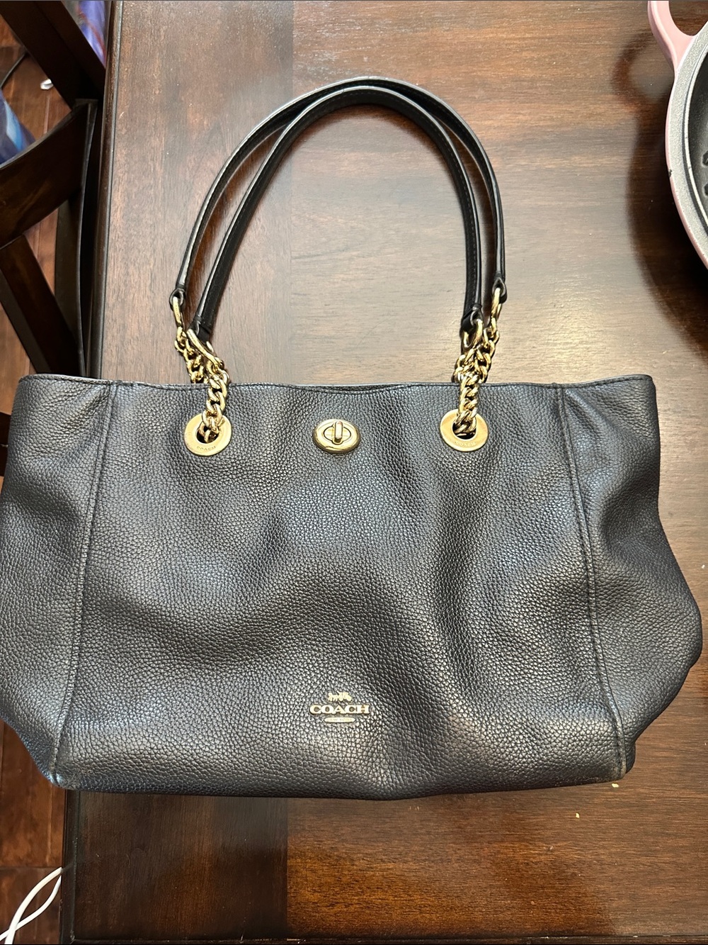 Coach Black Pebbled Leather Shoulder Tote with Gold Hardware